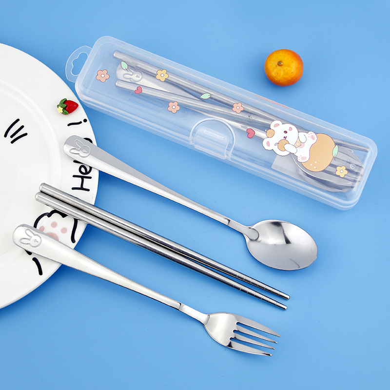新しい漫画ポータブル食器 3 点セットステンレス鋼フォークスプーン箸学生かわいい食事食器セット|undefined