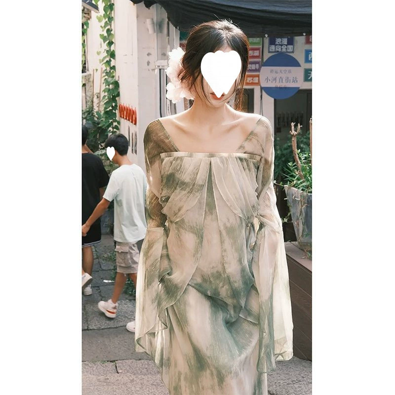 Высококачественная изысканная новая длинная юбка в китайском стиле в стиле ретро в национальном стиле, уникальная супер красивая длинная юбка, зеленое платье с размазанной масляной краской для женщин, осень