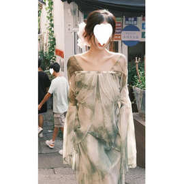 高端精致新中式复古国风独特超好看长裙绿色油画晕染连衣裙子女秋