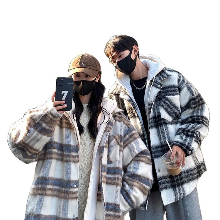 Abrigo a cuadros de dos piezas falso americano para hombres, otoño e invierno, nueva marea nacional, chaqueta acolchada de algodón con capucha de lana retro gruesa y cálida