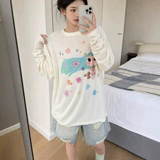 慵懒感宽松百搭休闲甜美印花长袖t恤女夏季薄款微透防晒罩衫上衣