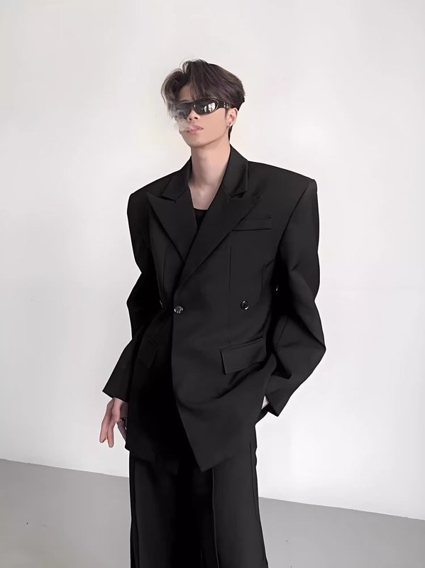 高级感法式收腰立体廓形黑色垫肩西装外套男秋季时尚潮流休闲西服|undefined