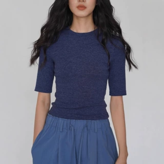 EIGHTMONTH藏青修身中袖针织衫T恤简约风显瘦打底百搭纯色上衣女