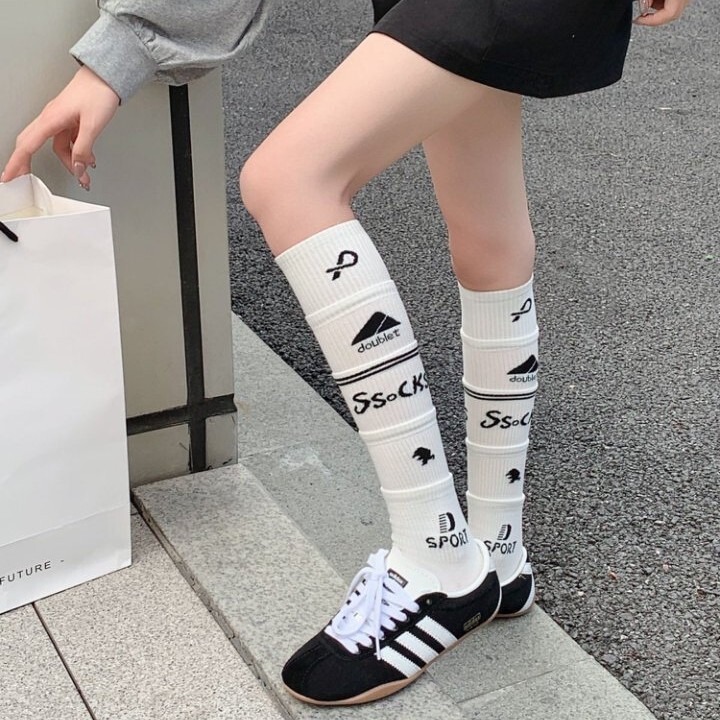 Doublet Multi-Layered Layered Splicing Calf Socks for Women, Sporty Style, Sweet and Cool Football Long Socks, Trendy Japanese Style