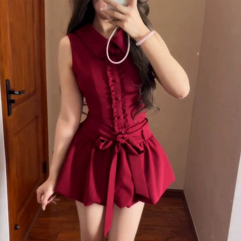 Sweet Bow-Tie Sleeveless Flower Bud Dress for Women Summer Miu Style Petite High-End Elegant Vest Dress