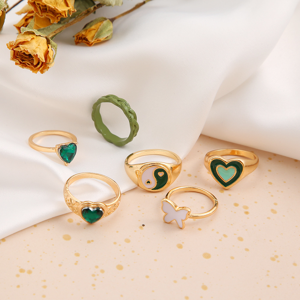European And American New Green Dripping Oil Tai Chi Zircon Heart Ring 6-piece Set display picture 4