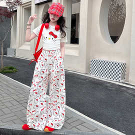 女童卡通可爱猫咪印花白色阔腿裤2025新款潮酷短款T恤裤子两