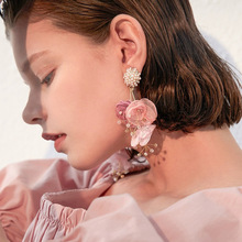 2023唯美仙气粉色纱艺微镶流苏耳钉韩国时尚简约水晶花朵耳饰批发