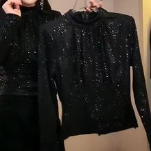 加绒加厚蕾丝衫女衫秋冬新款贴片洋气立领上衣小衫打底衫外穿