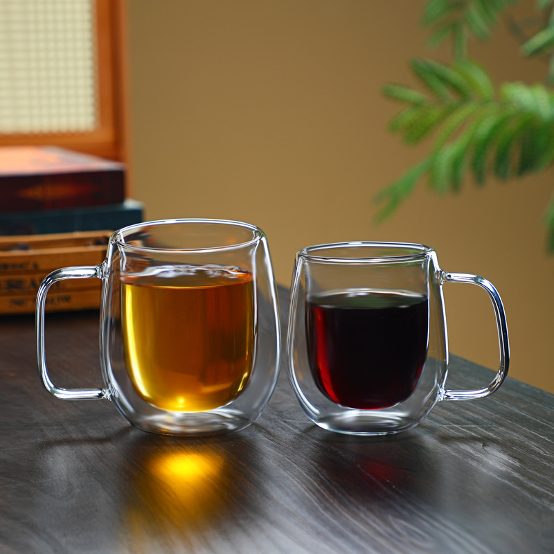 Vaso de agua de vidrio de borosilicato alto, taza de vidrio de doble capa, taza transparente simple con asa, taza de café, taza para jugo, leche o té