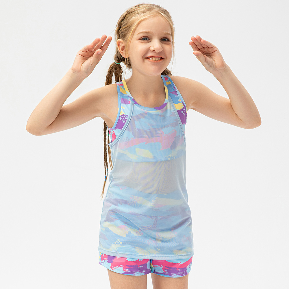 童装运动罩衫假两件网纱运动背心女童舞蹈训练瑜伽跑步上衣23102