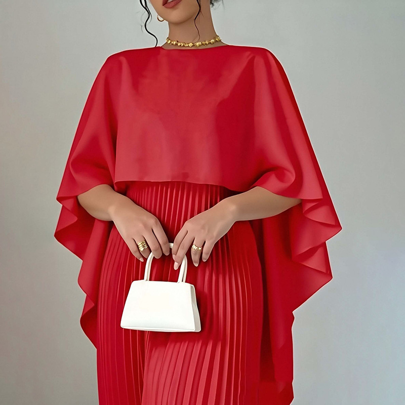 Spring 2026 New Women's Clothing, Cape Elegant Solid Color Round Neck Pleated Slim Fit Fashion Suit_ecoleips.com