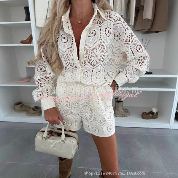 2025 new cross-border foreign trade suit Amazon women's hollow pattern shirt collar long sleeve one-body shorts