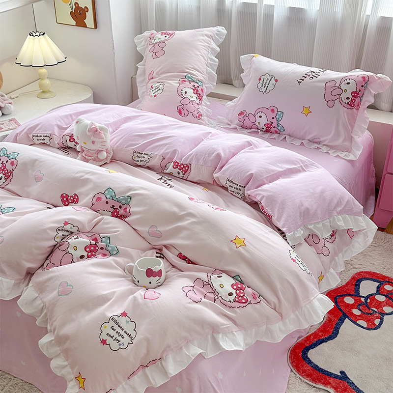 三丽鸥纯棉花边款四件套全棉公主风卡通HelloKitty床单被套床裙款|undefined