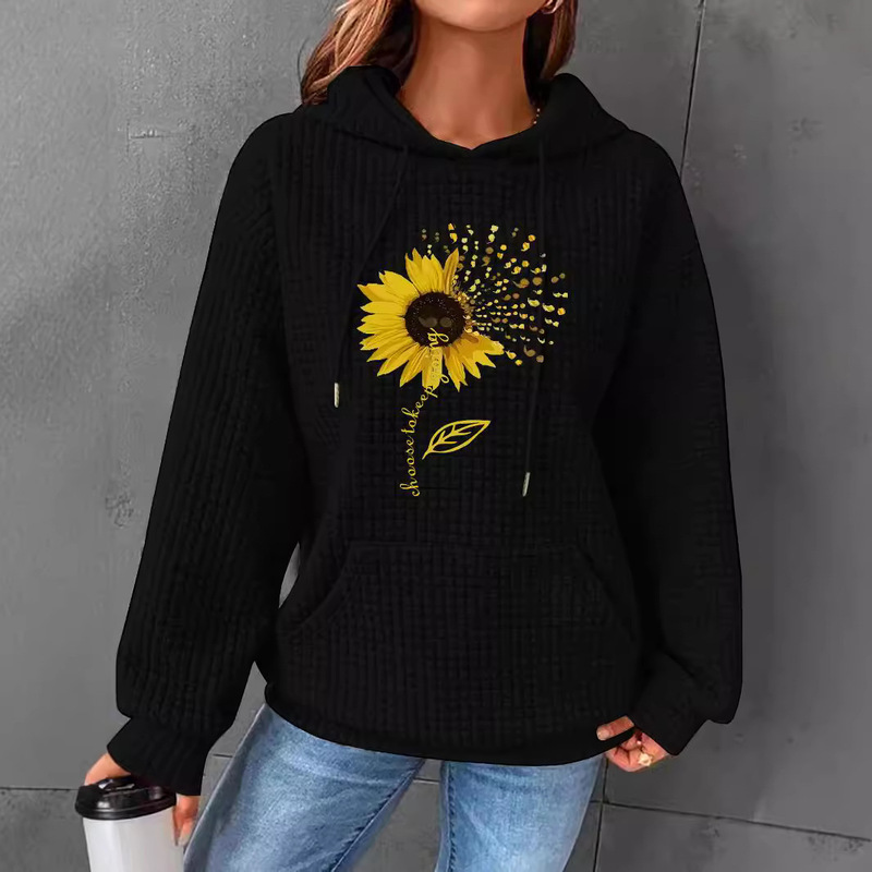 Autumn and Winter Women's New Waffle Kangaroo Pocket Hooded Long Sleeve Sunflower Printed Sweatshirt Europe and America Cross-border European Code