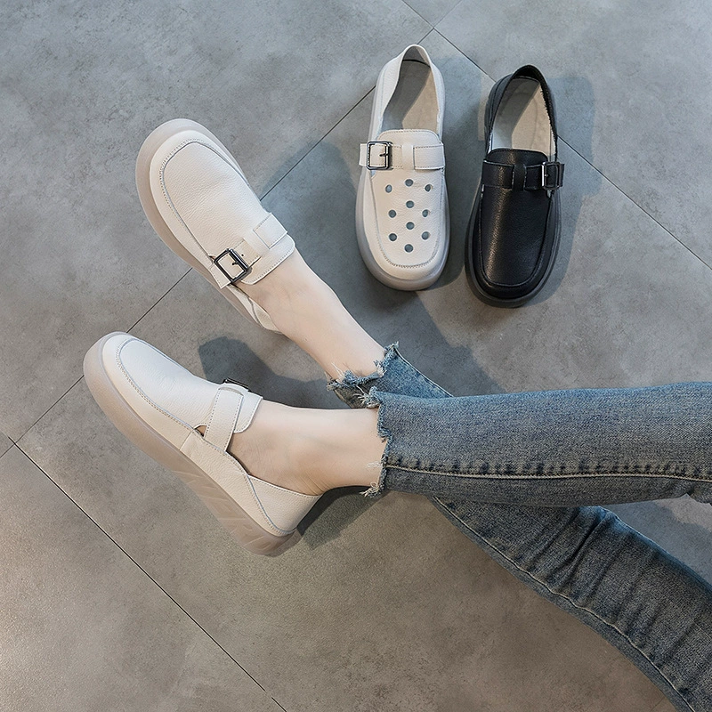 2024 новые одиночные туфли женский педаль ленивая медсестра обувь мягкая подошва мама обувь два носить маленькие белые туфли кожаные Lefu обувь