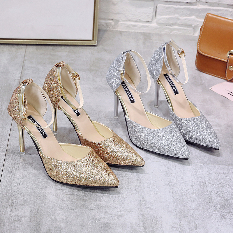 Silver Sequin Hollow High Heels For Women, Stiletto Strap Pointed Toe Cat Heel Single Sh, Wedding Dress Bridesmaid_vogvips.com