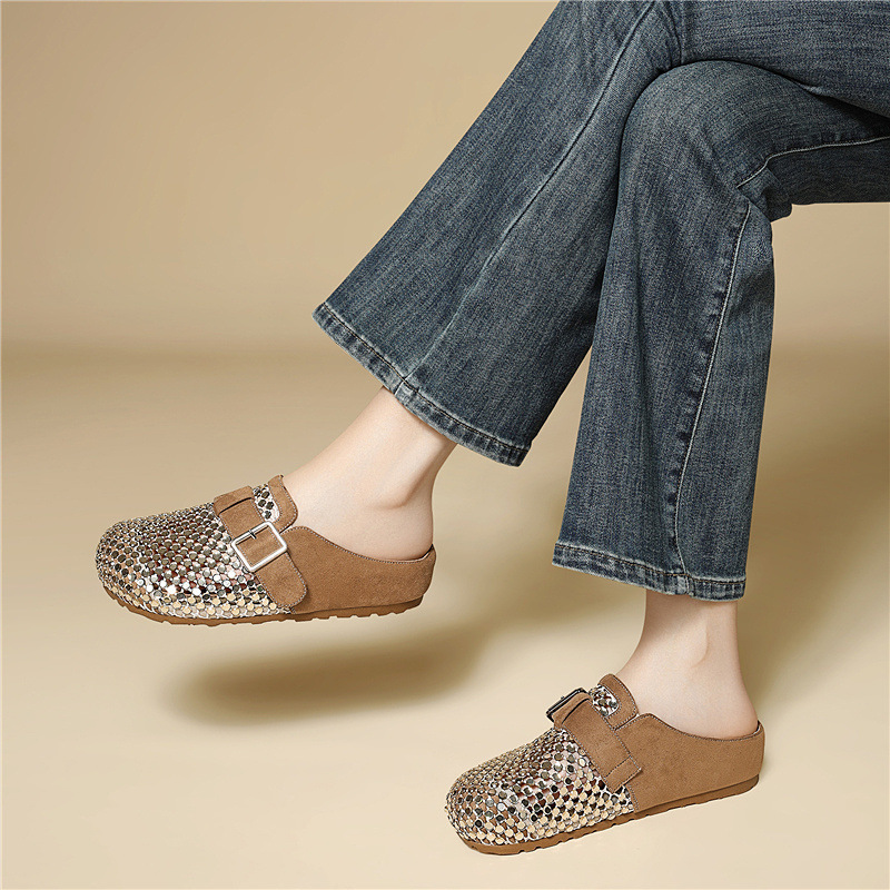 Giày sandal nữ hở mũi đính đá pha lê Burken mùa hè 2026, dáng nửa dép đi làm tiện lợi — 6099 lạc đà, 6099 Vàng