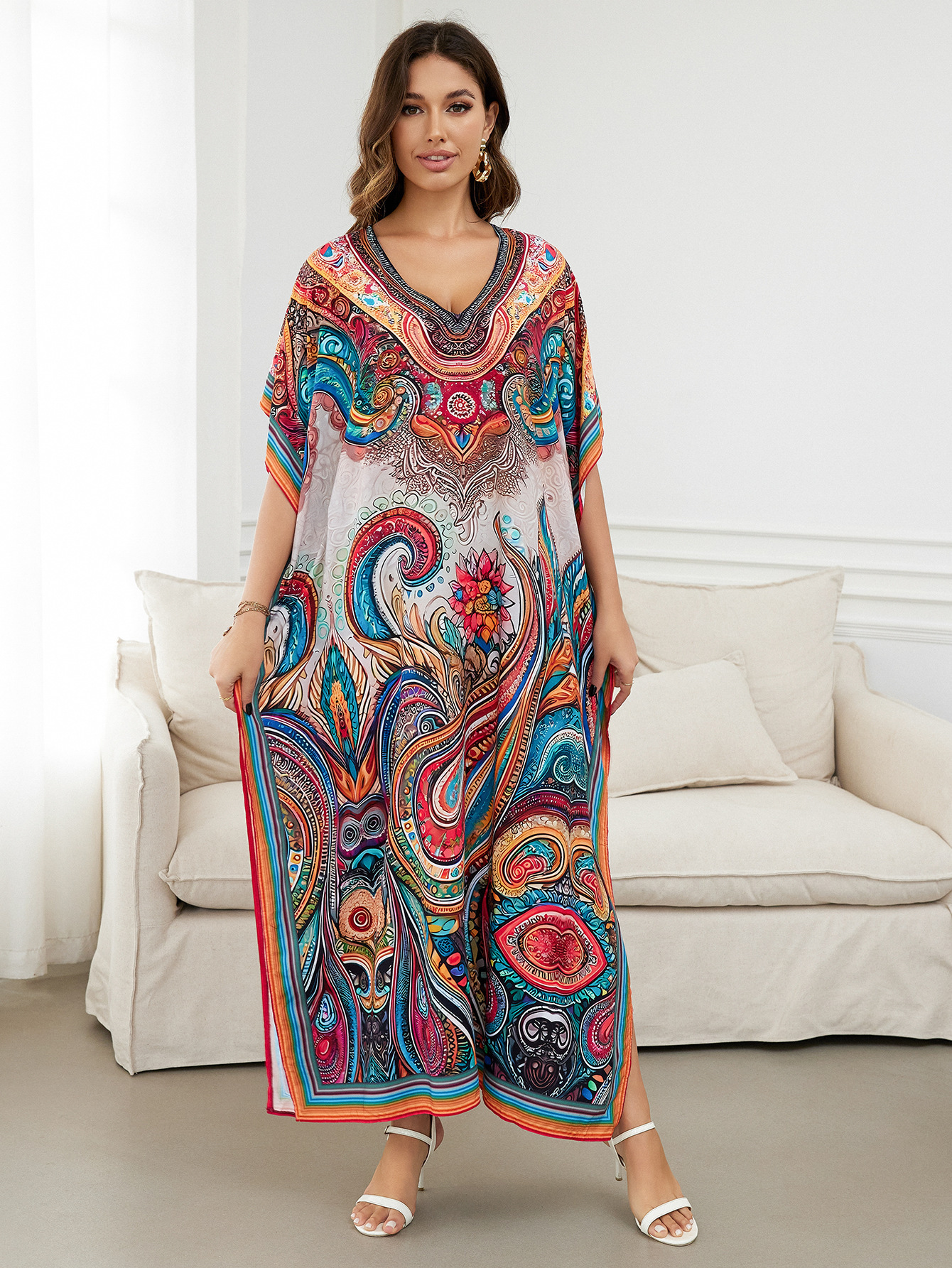 Rochie de plajă lungă kimono dama boho viscoză tie-dye_voghion.com