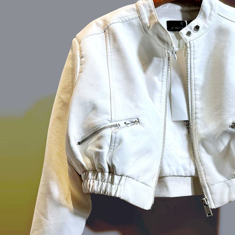 Autumn New Stylish Versatile Short Biker Jacket Top for Petite Women High-Waisted Leather Jacket Coat