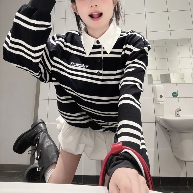 时尚春季新款甜辣妹套装POLO领条纹长袖女高腰半身裙两件套ins潮|undefined