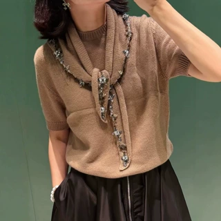 26年新款时尚百搭显瘦精致手工钉钻针织短袖毛衣针织短袖自带披肩