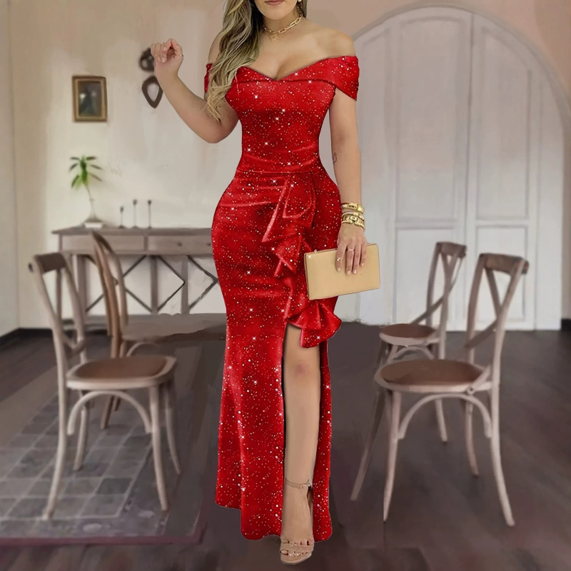 European and American Style Off-Shoulder Long V-Neck Dress with Sequins, Starry Sky Design, Large Slit Evening Gown, Elegant Party Dress, Overseas Warehouse