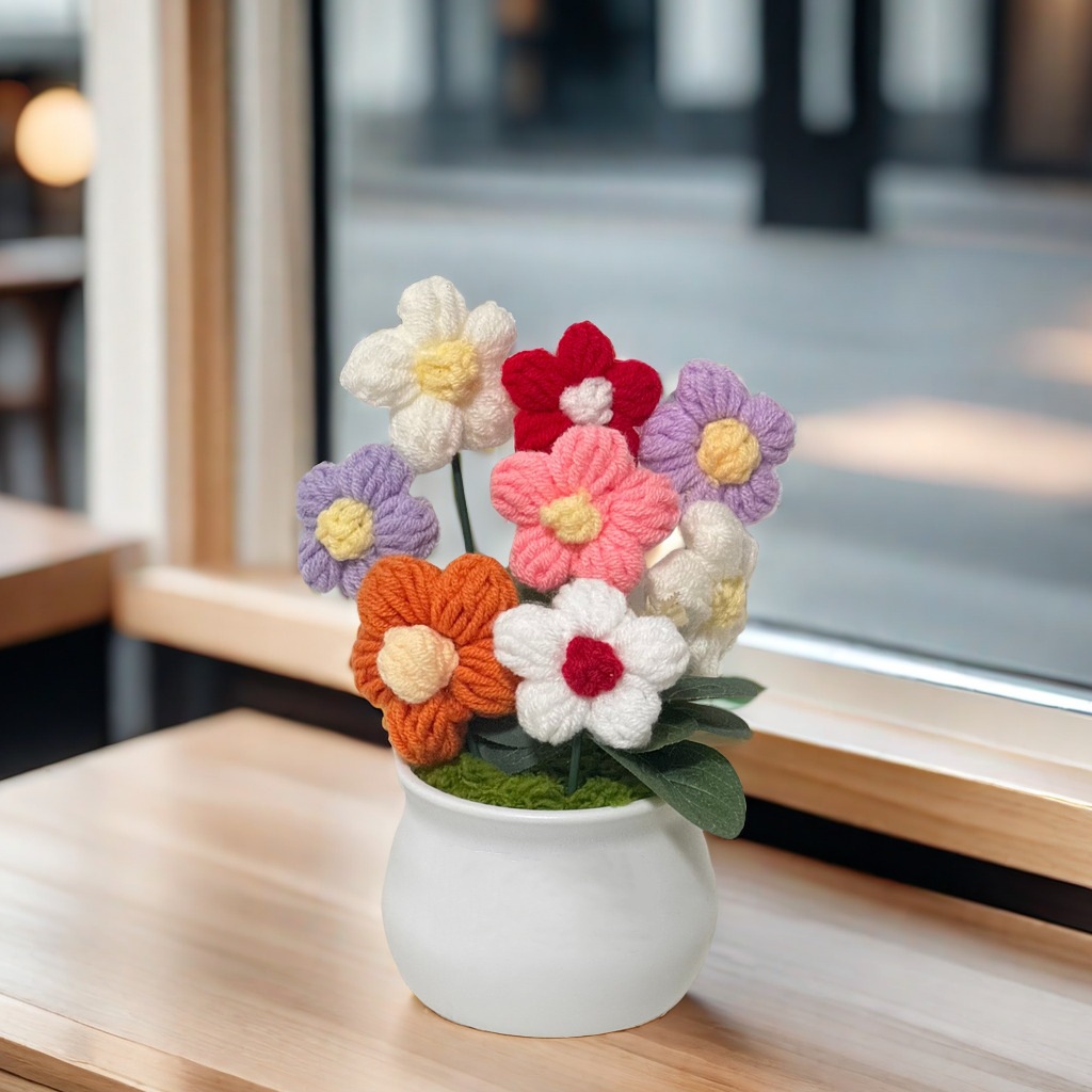 Bolsa de material de bricolaje de flores de girasol, flor tejida a mano, botella blanca pequeña, planta en maceta de punto, decoración de escritorio terminada