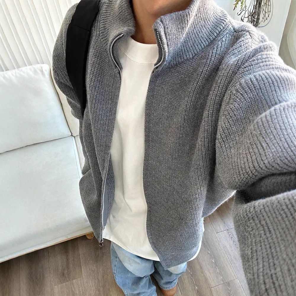 New Zipper Cardigan Stand Collar Knitwear Men's 2025 Autum Loose Lazy Style Knitwear American Retro Jacket
