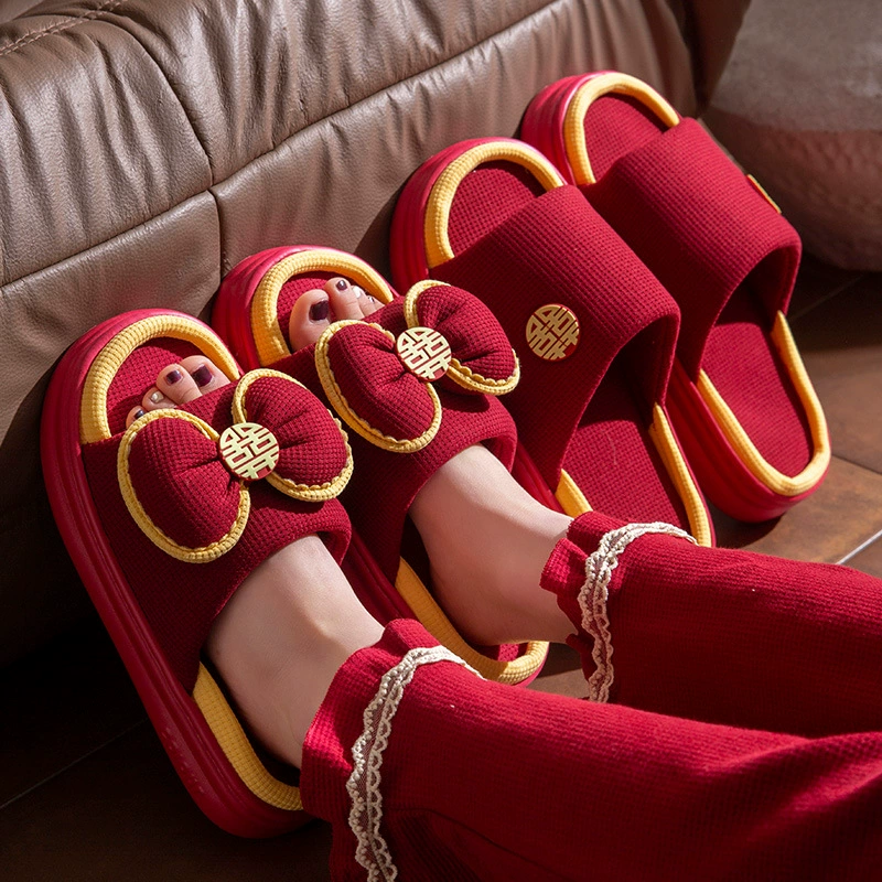 Летние тапочки свадебные красные толстые подошвы в помещении приданое свадьба жених невеста свадебные тапочки пара свадебные туфли