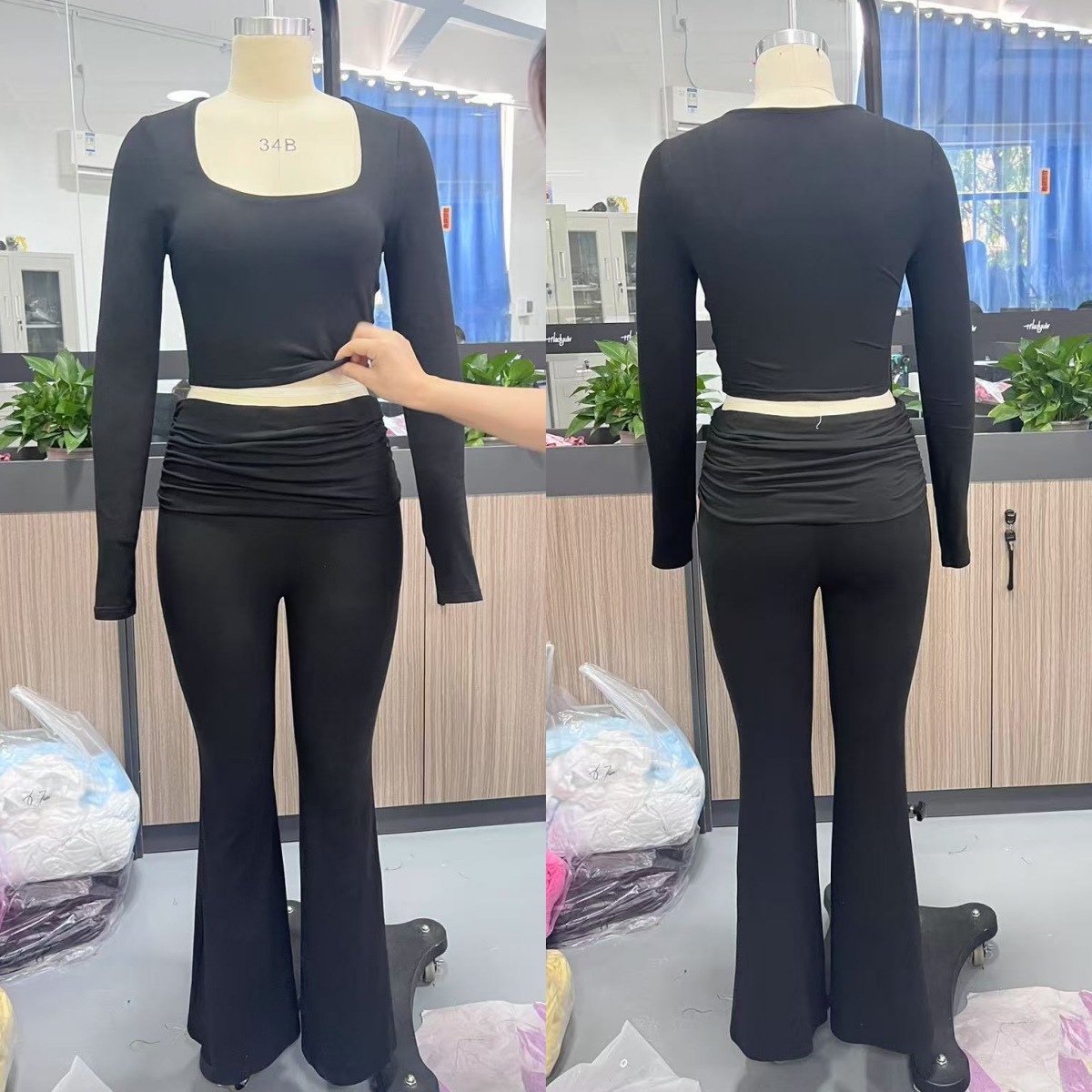 Damen-Trainingsanzug-Set aus geripptem Strick, bestehend aus einem langärmeligen Oberteil mit eckigem Ausschnitt und einer Jogginghose – lässige Loungewear_voghion.com