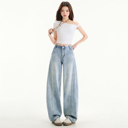 Light Blue Casual Bending Knife Jeans for Women - 2025 Summer New Wide Leg Split Banana Grandma Pants