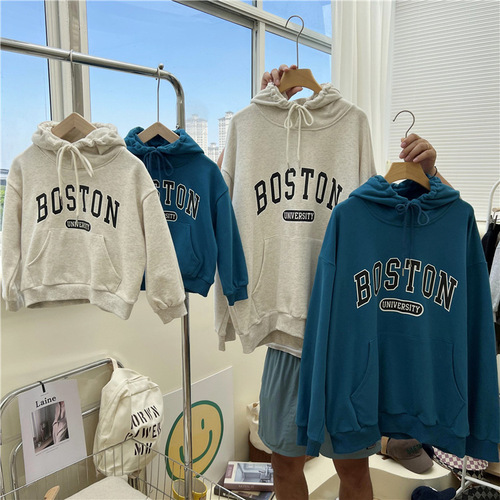 Autumn Korean Parent-Child Hooded Sweatshirt for Boys and Girls, Letter-Neck Overhead Top, Family Set for a Triad