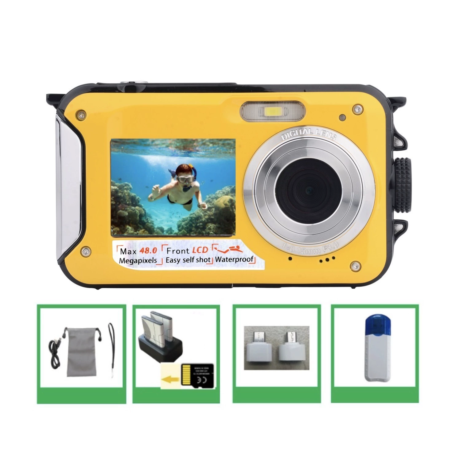 Англоязычная версия подводной камера Full HD 2.7K 48MP, водонепроницаемая для снорклинга с двойным экраном, цифровая камера B368