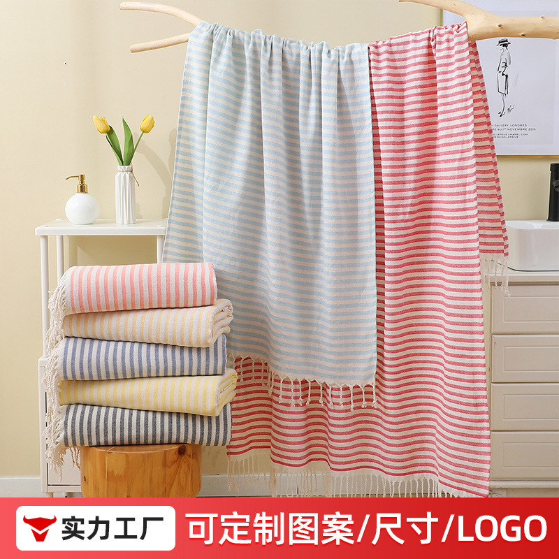 [Customized] European and American Style Fine-Striped Tassel Bath Towel, Enlarged and Thickened, Absorbent, Outdoor Sun Protection, Turkish Beach Towel