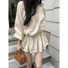 2026韩系法式甜美温柔时尚圆领收褶抽绳收腰小个子长袖短裙连衣裙