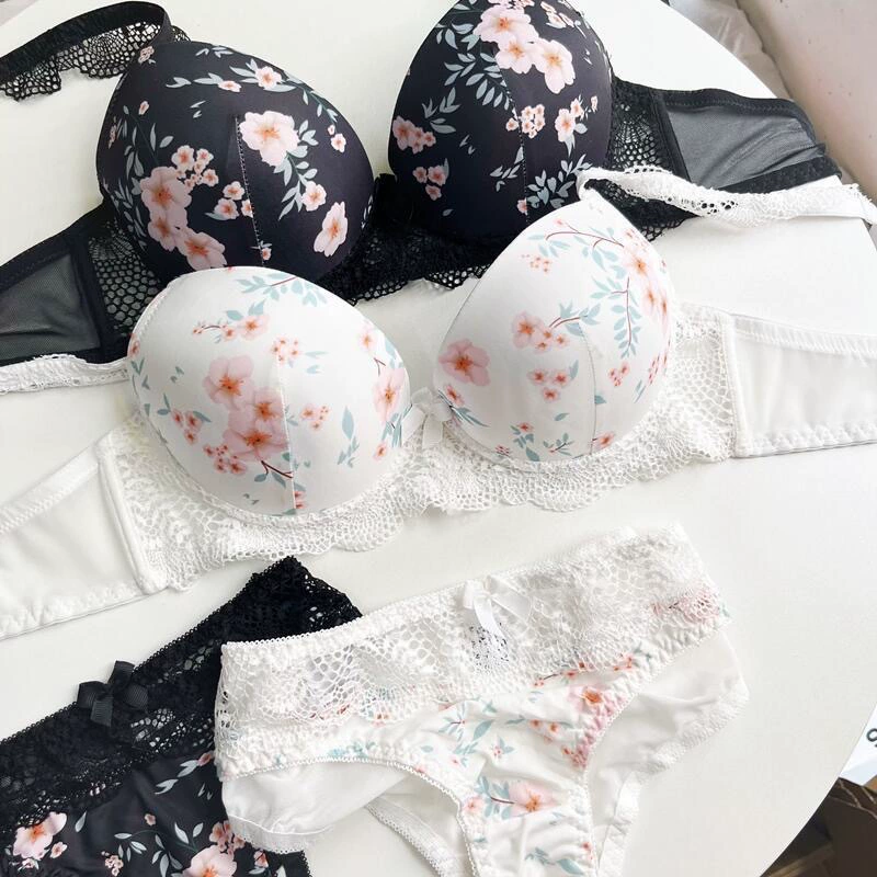 Japanese cute teen girl bra, set, tea cup, sexy underwear, floral print, plus size
