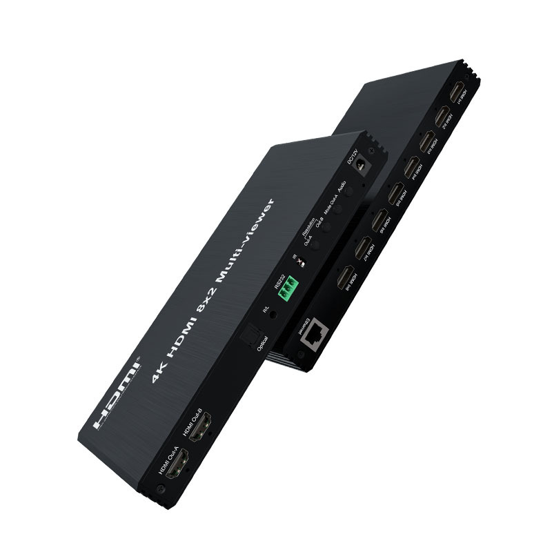 Fabricante HDMI matriz 4K8 dentro y fuera de 2 interruptores sin costura divisor de ocho pantallas con separación de audio de auriculares de fibra óptica