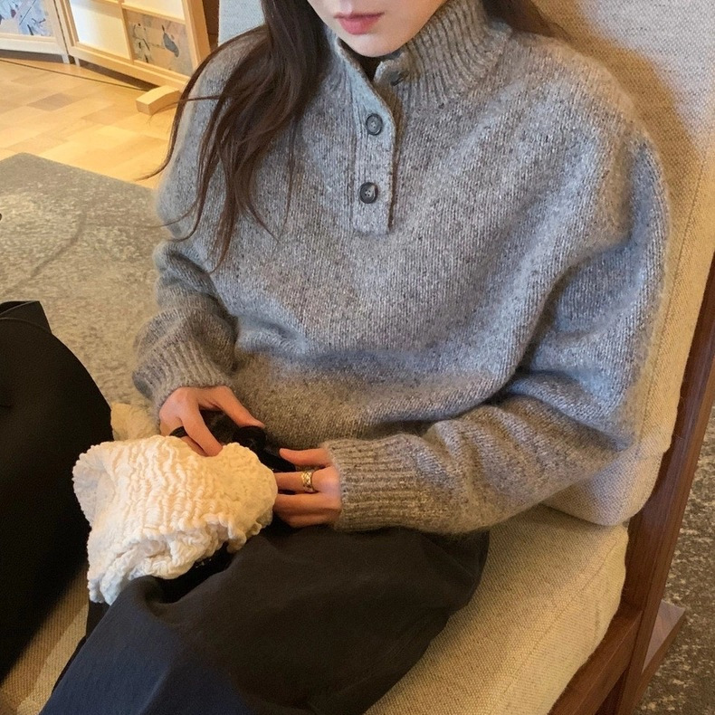In Stock 2025 Winter New Korean Style Le*Obe Loose Casual Versatile High-Neck Half-Button Long-Sleeve Knit Sweater