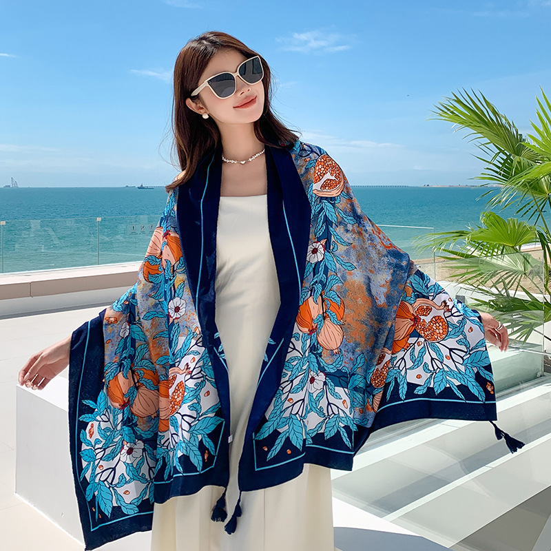 Casual fashion colorful pomegranate flower shawl outdoor play comfortable breathable versatile personality pullover Cape shawl