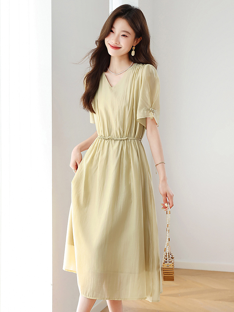 Đầm ôm body nữ cổ chữ V tay ngắn thiết kế eo ZQ2579 — Màu đỏ rượu, Màu kaki