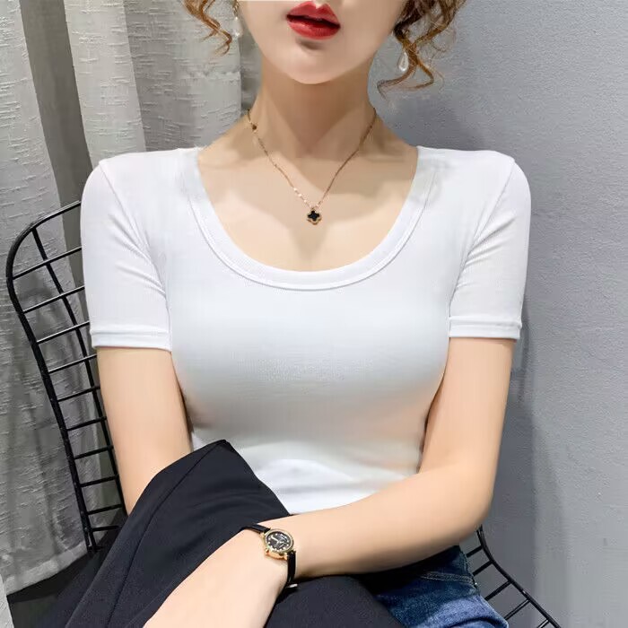 Threaded Cotton u-Neck Short-Sleeved T-Shirt Women's Tight Top Summer New Slim-Fit Round Neck Solid Color Elastic Half-Sleeve Base Shirt
