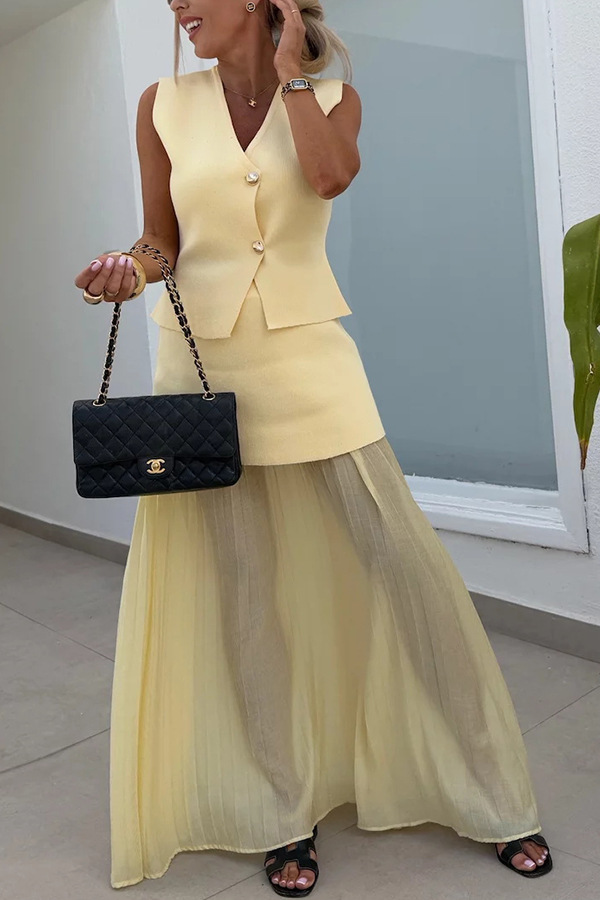 140g Weight Sleeveless Sleeve Length Polyester Fabric Type Skirt Co-ord Set Sets Type 2 Pieces Set Quantity Daily, Street Occasion V Neck Neckline Slim Fit Type Solid Color Pattern Summer Season Women's Gender Elegant, Simple Style Style Daily Street Women's Elegant Simple Style Solid Color Polyester Skirt Co-ord Set Skirt Sets 5