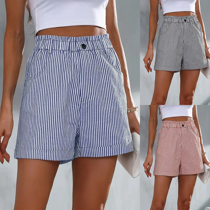 2024 European and American Summer New Products Cross-Border Amazon Eaby Casual Pocket Striped Shorts for Women