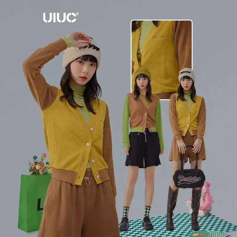 捷展折扣店|可爱学院撞色刺绣单排扣针织开衫外套