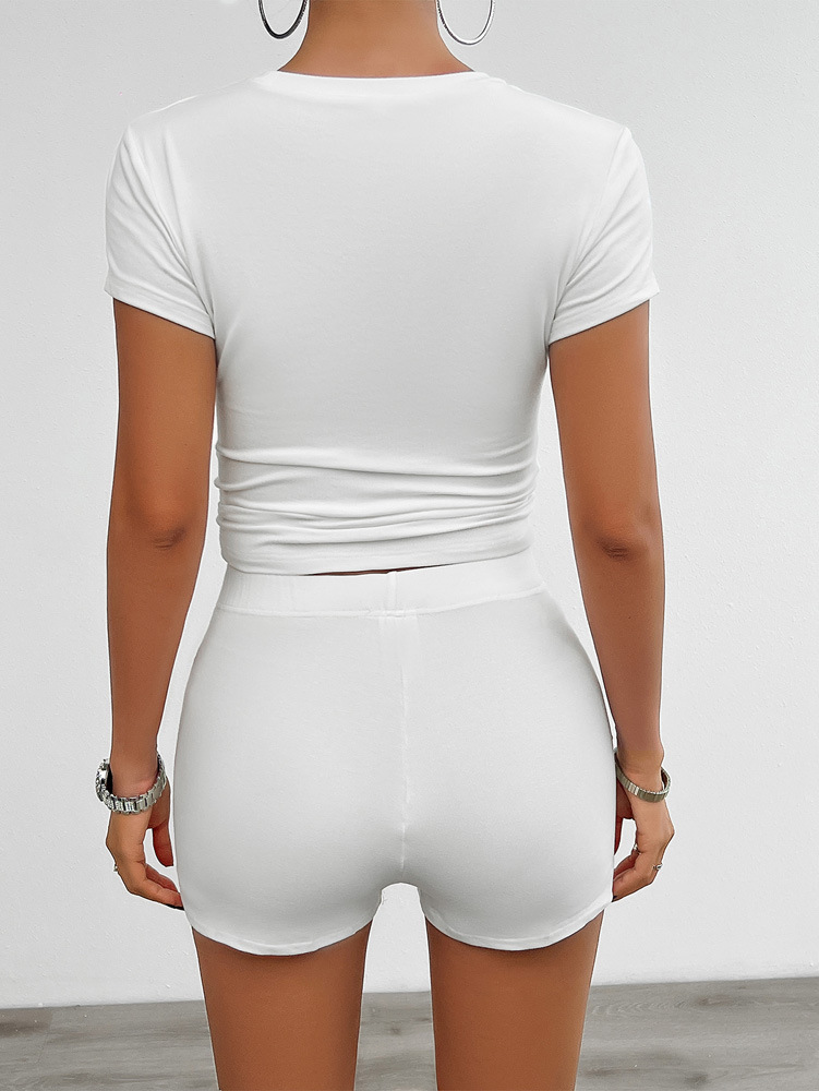Women Clothing Spring Summer Solid Color Slim Fit Short Sleeved Shorts Suit