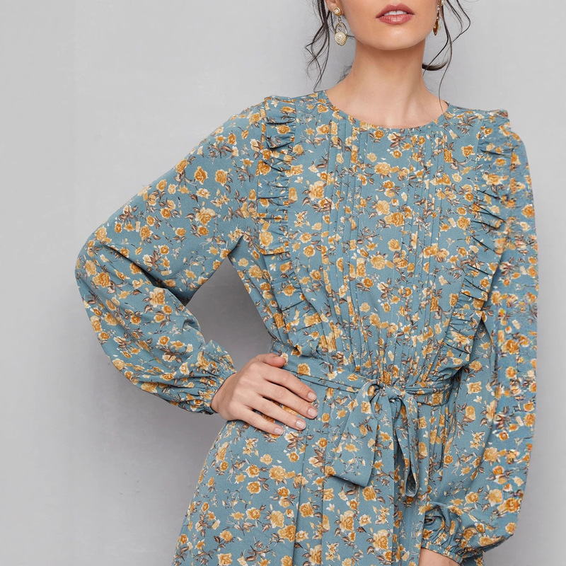 Spring and Autumn Bowknot Floral Ruffle Waist-Cinching Women's Mid-Length Dress High-Waisted Slimming A-Line Dress Long-Sleeved