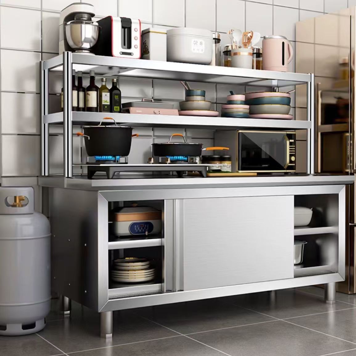 整体焊接304特厚工作台不锈钢厨房家用橱柜操作台酒店放碗拉门