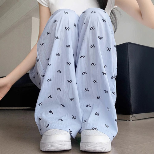 Blue Butterfly Knot Wide-Leg Pants for Women - Summer 2025 New Arrival High-Waist Drape Relaxed Slimming Casual Straight Ice Silk Pants