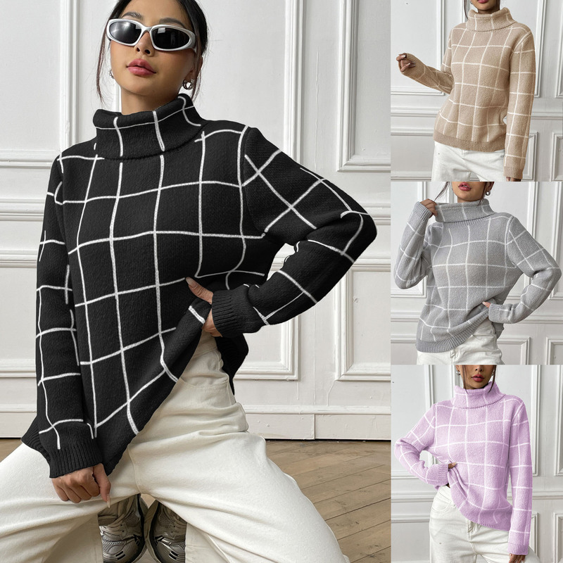 Women's pullover cross-border European and American women's long-sleeved woven shirt bottoming shirt contrast color plaid turtleneck sweater M668